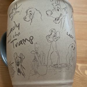 3 Lady And Tramp coffee cups and a shot glass